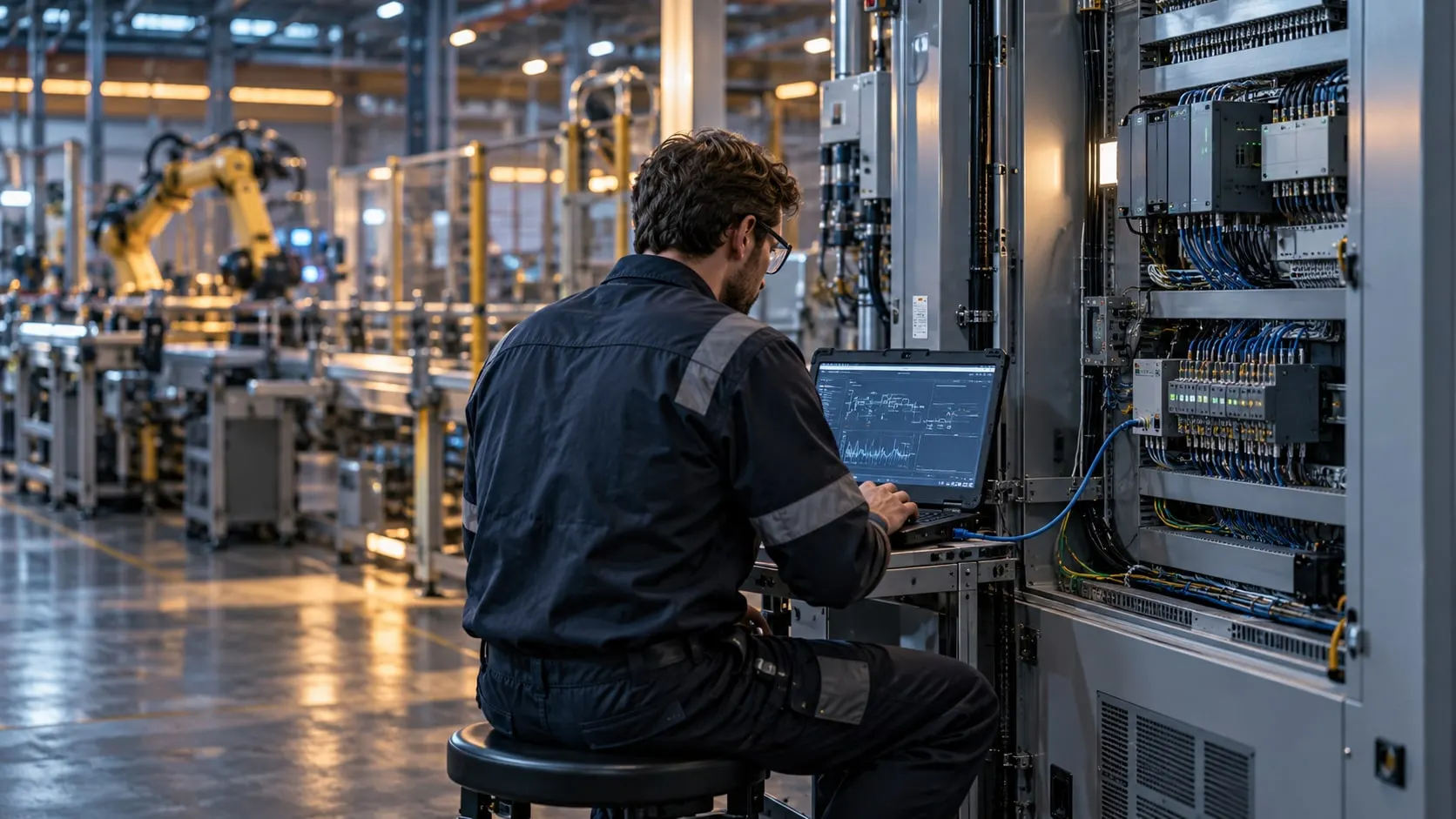 Engineer commissioning a machine with a laptop